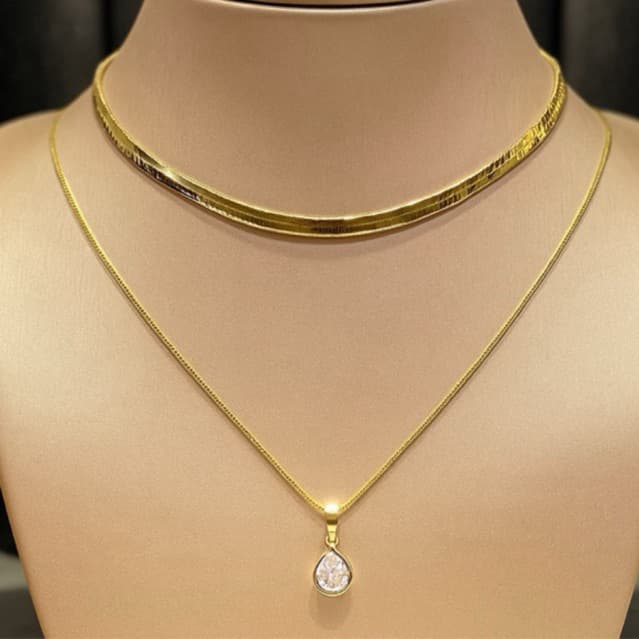 Colar Feminino Corrente Dupla Laminado Fileira Com Zircônias Luxo Folheado Ajustavel