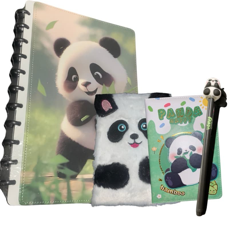 Kit 3 cadernos Panda fofo Kawaii com caderno inteligente A4, caderno pelúcia A5 e Planner A5