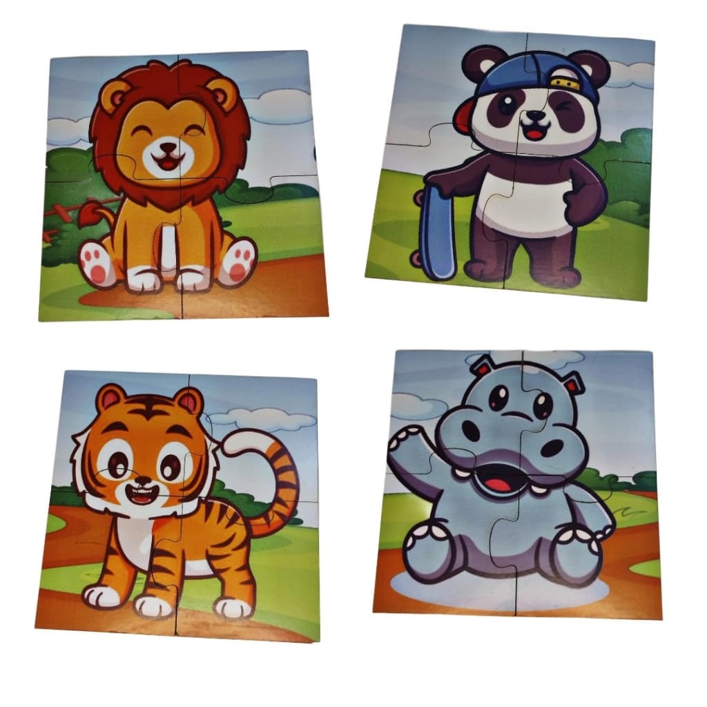 Kit 4 jogos Quebra cabeça de mdf 14x14cm temas Leão Tigre Panda Hipopótamo