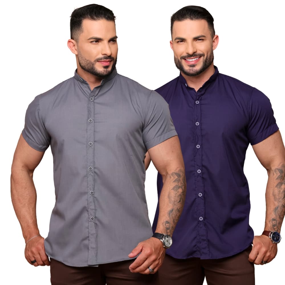 Kit Com 2 Camisa Masculino Gola Padre Manga Curta Slim Fit Verão Elegante Com Elastano Não Amassa