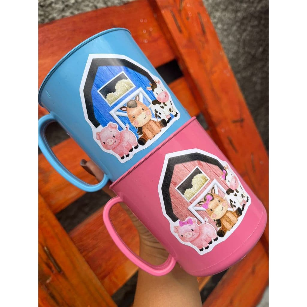 10-15-20 Caneca Adesivadas de Plástico Fazendinha lembrancinhas Presentes Aniversários Festa Crianças 450ml Rosa e azul