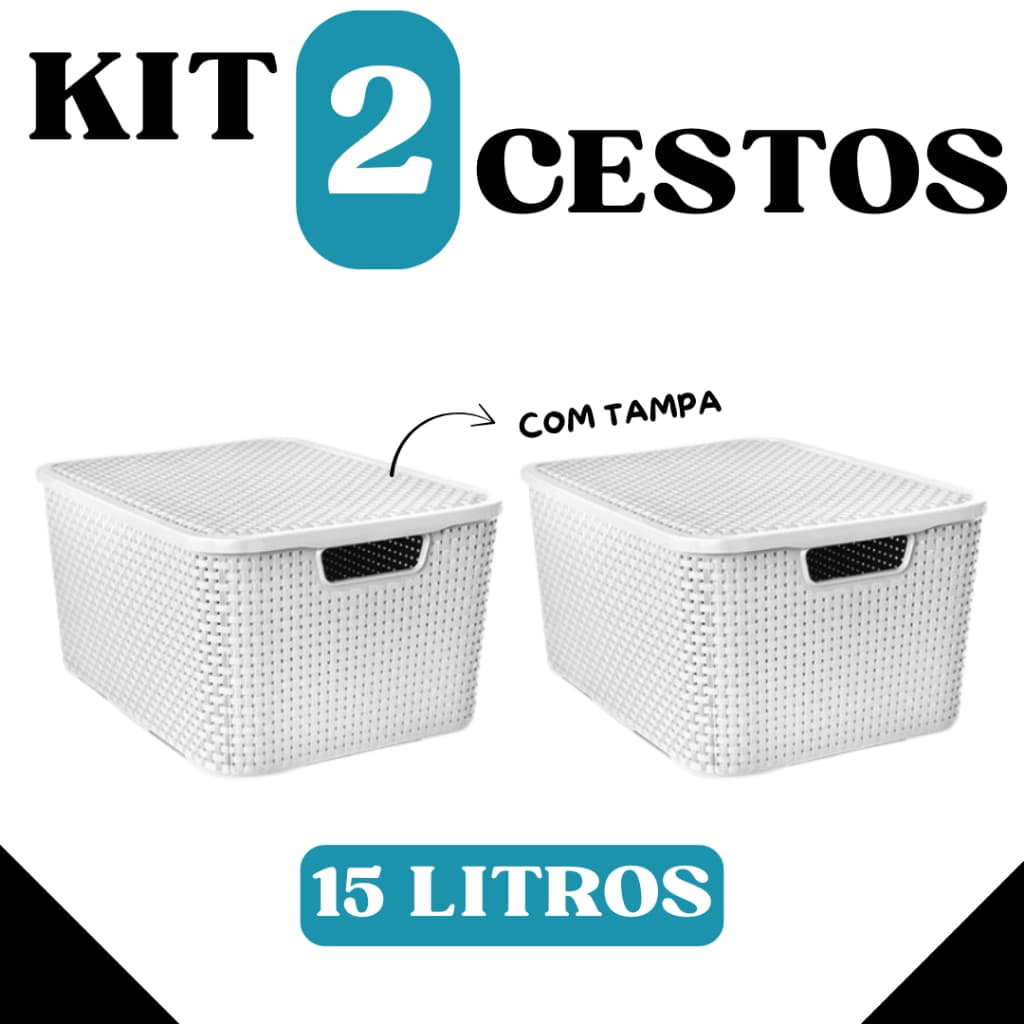 Kit Com 2 Unidades de Cesto Organizador Rattan Branco 15 Litros Com Tampa - TOY 25591