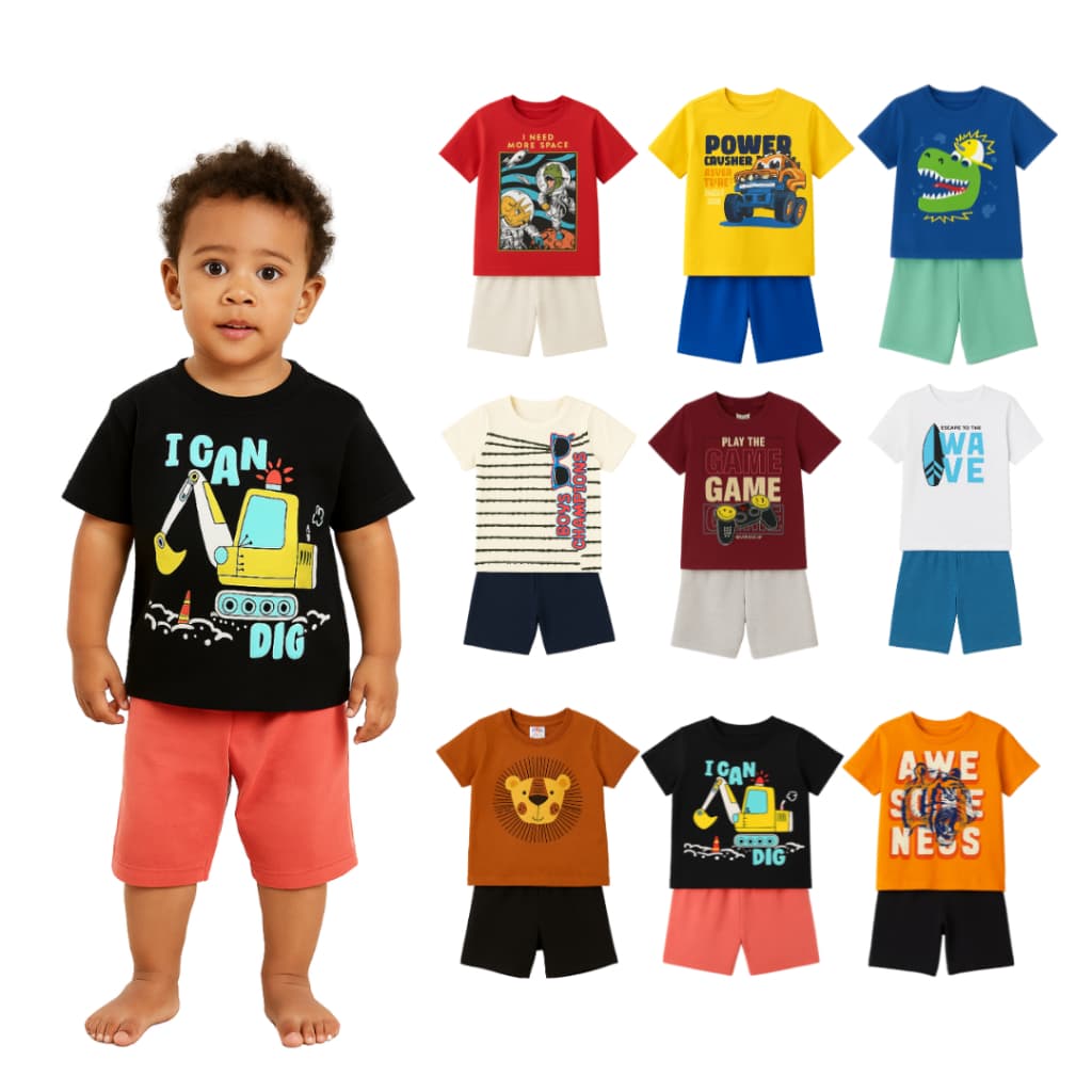Kit 2 Peças Infantil Menino Camiseta e Bermuda de Criança Alta Qualidade Confortável Algodão