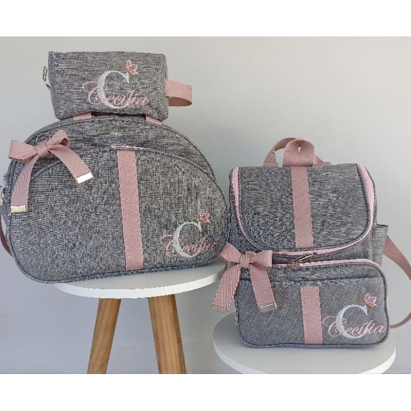 BOLSAS MATERNIDADE PERSONALIZADA MENINA LINHO CINZA COM ROSE