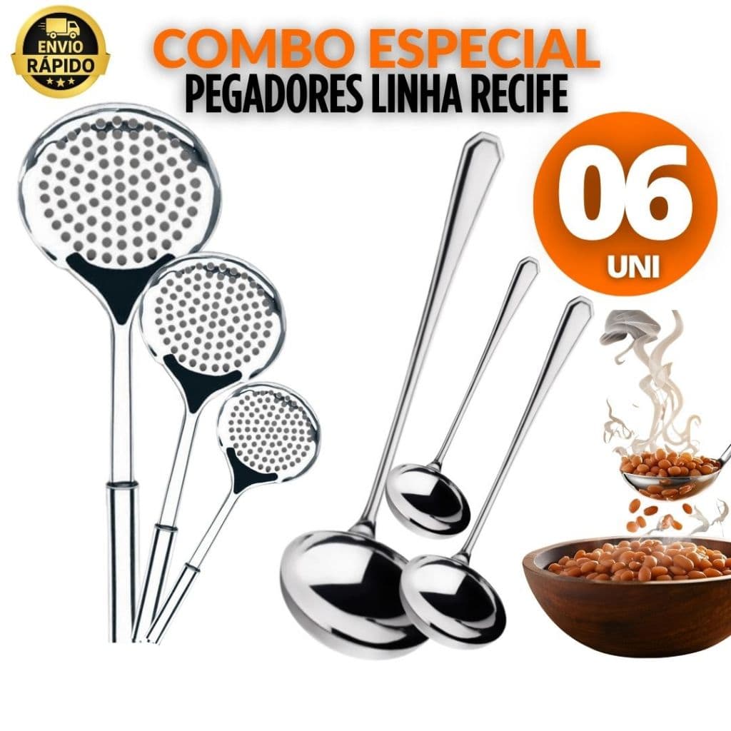 Conjunto 3 Conchas 3 Escumadeiras Inox Para Feijão Sopa Caldos Frituras Restaurante Cozinha Multiuso