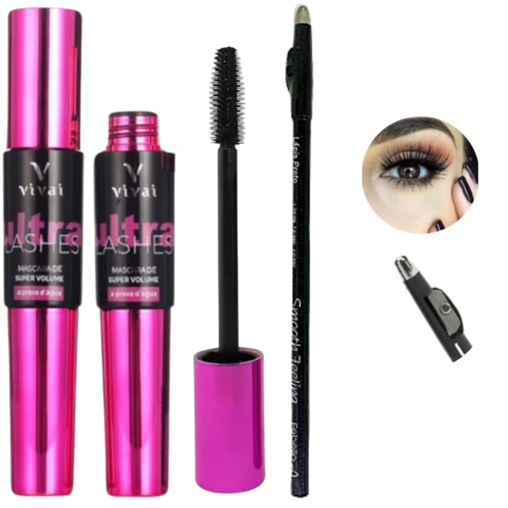 Rímel Máscara para Cílios a Prova D'Água Extra Volume Ultra Lashes Vivai Lápis de Olho Preto Kit 2 Peças