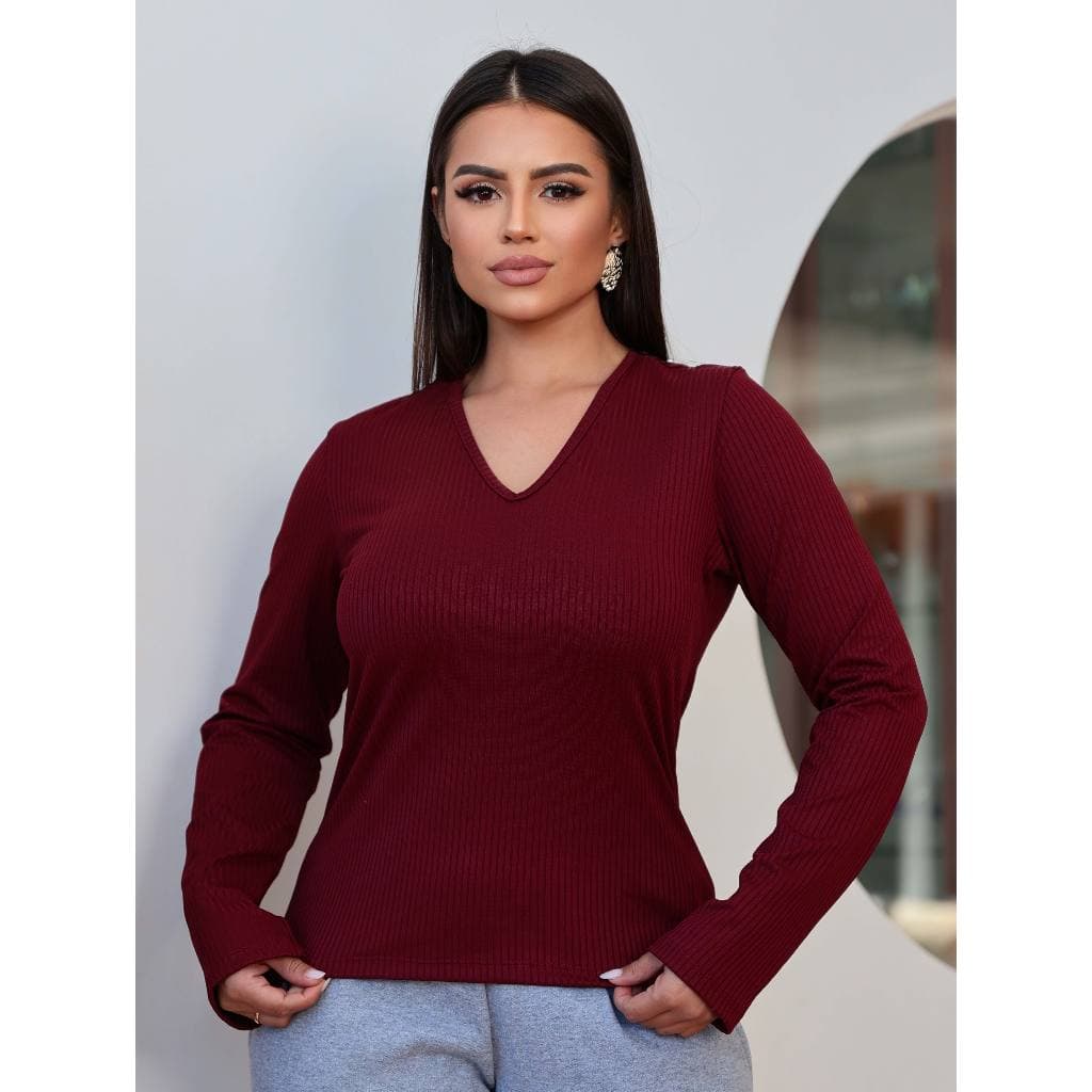 Blusa Feminina Manga Longa com Decote Gola V Ribana Premium Canelada Inverno Básica Moda Gringa