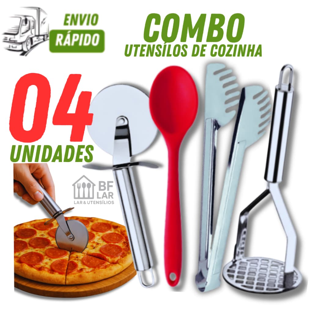 Kit com 4/3/2 em  Inox e Colher de Silicone  Cortador de Pizza Pegador de Massa Amassador de Batatas