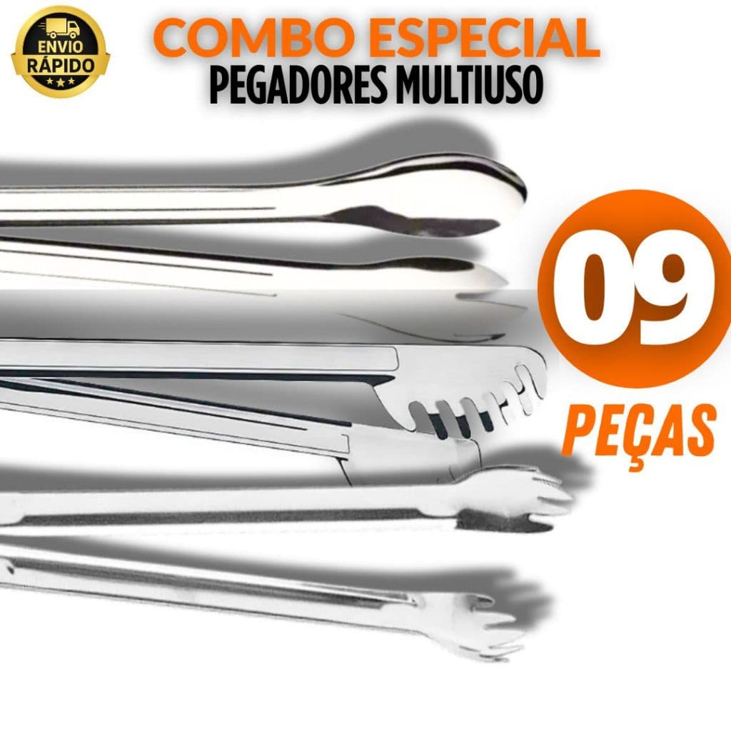 Conjunto Utensílios 09 Unidades Pegadores  Inox Qualidade Premium Carne Massa Churrasco Gelo Salada
