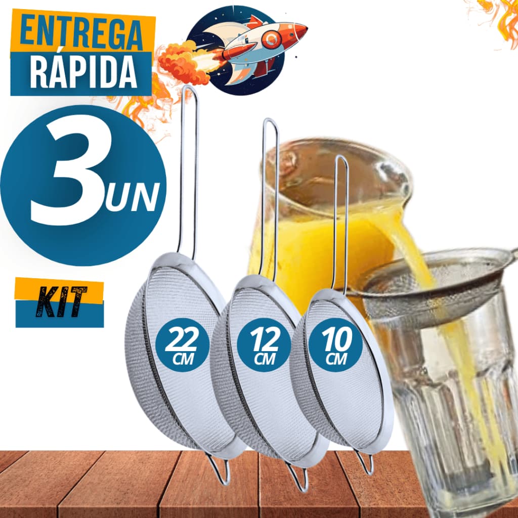 Conjunto Kit Jogo 03 Peneiras Coadores Coador 10CM 12CM 22CM variáveis Utilidades Premium