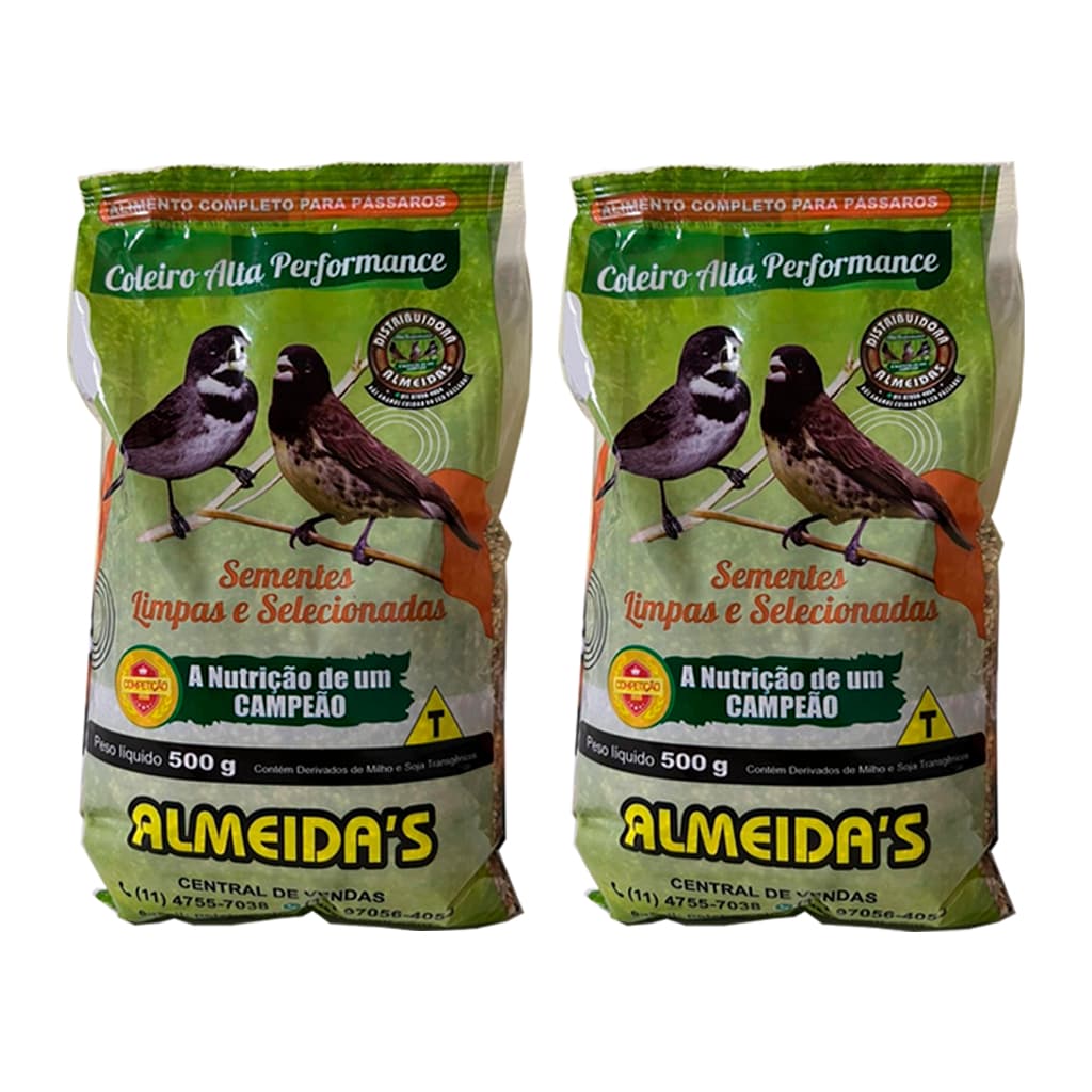 kit 2 Coleiro Alta Performance Almeida's 500g Alimento Completo para Pássaros