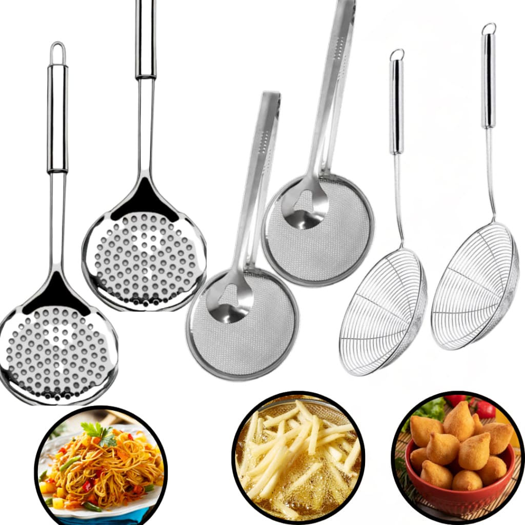 Kit com 6 Escumadeiras para Fritura Inox Resistente Inclui Escumadeira Tradicional e Escumadeira com Pinça
