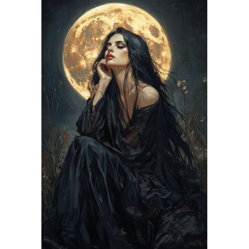 QUADRO DECORATIVO PLACA MDF-POMBA GIRA DEMA DA NOITE SENTADO COM A LUA NO FUNDO