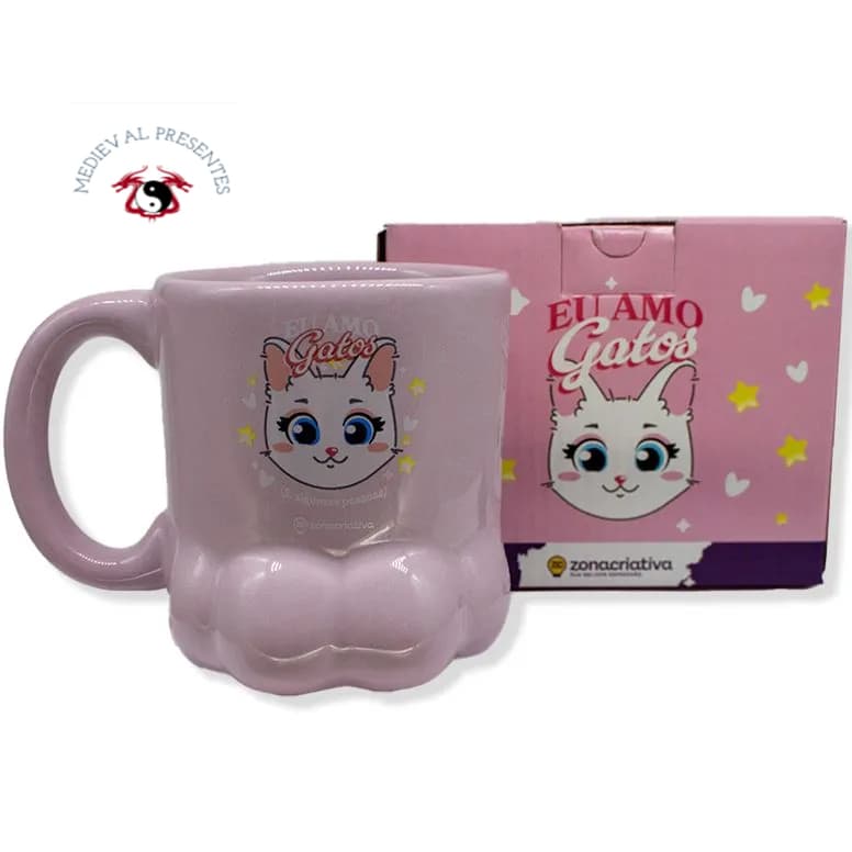 CANECA 3D PATINHA GATINHA ROSA EU AMO GATOS PORCELANA I LOVE CATS 350 ML