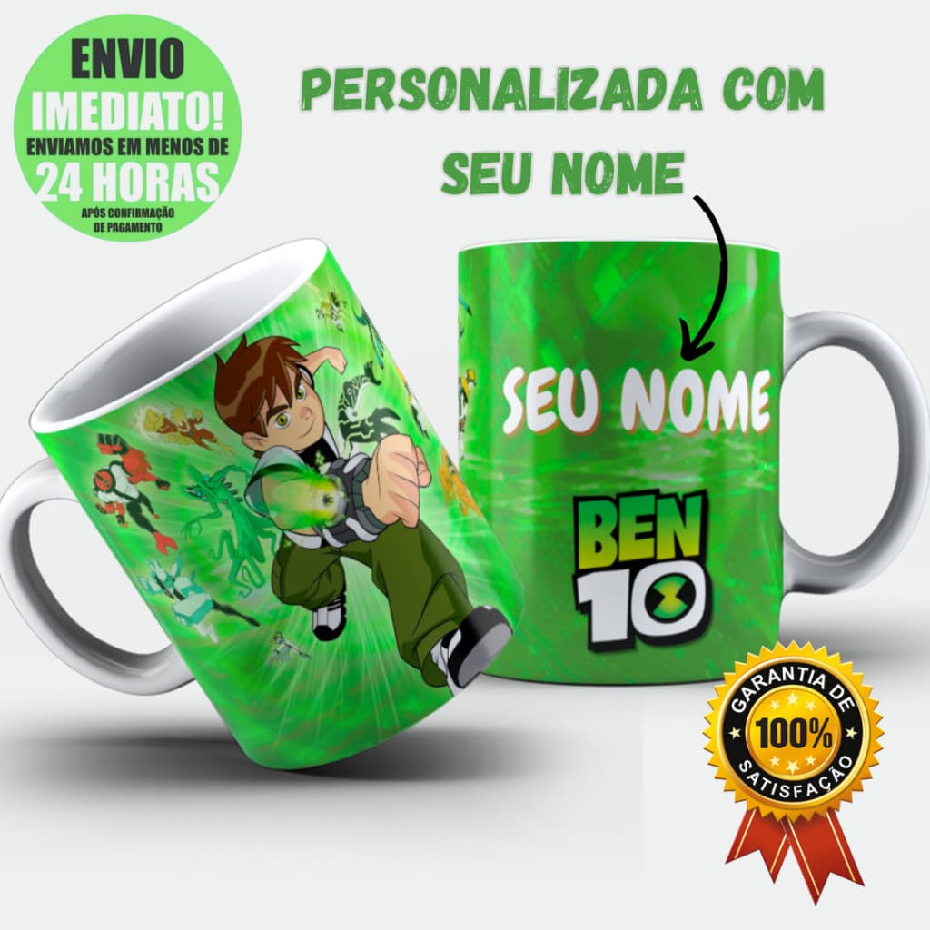 Caneca Xícara Personalizada Ben 10 Desenho COM NOME Arte Exclusiva Presente 325ml Envio em 24h