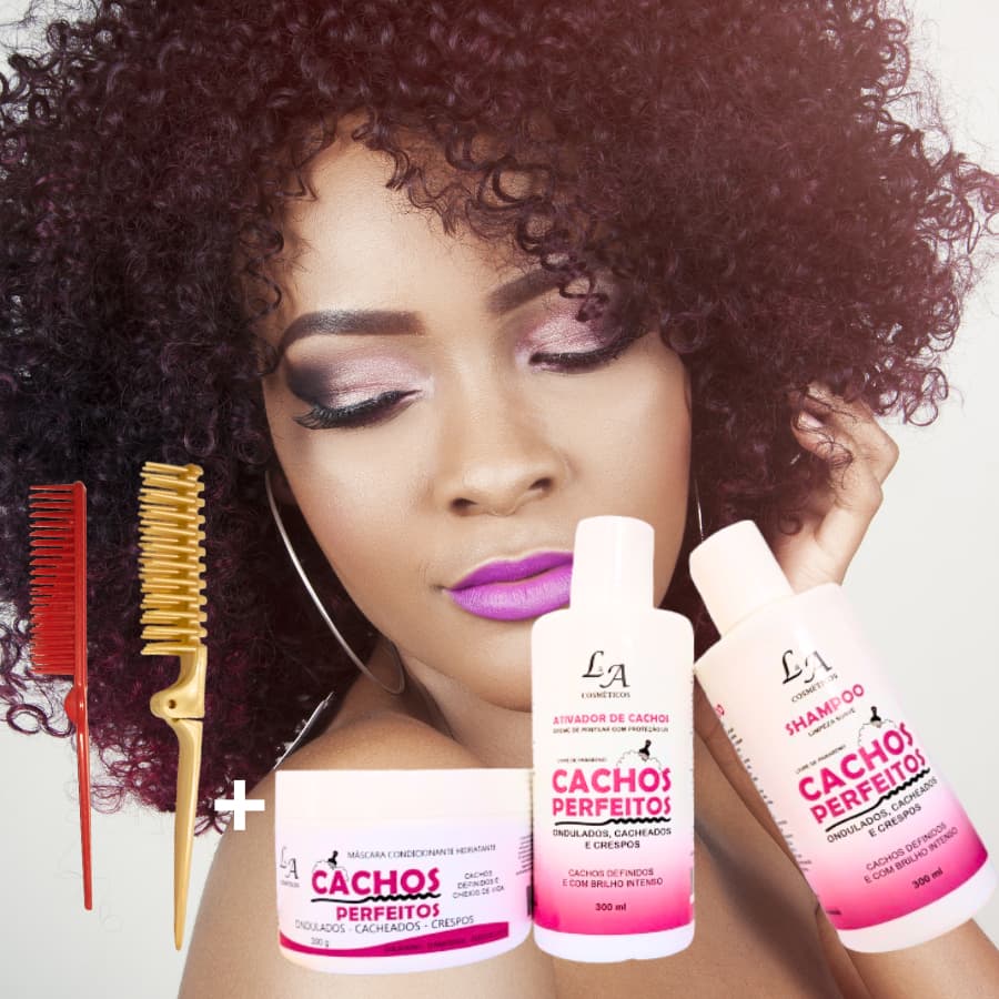 Kit Ativador de Cachos Perfeitos ,Shampoo,Mascara Hidratante +2 Pentes Fitagem 3x300g Cabelos Macios