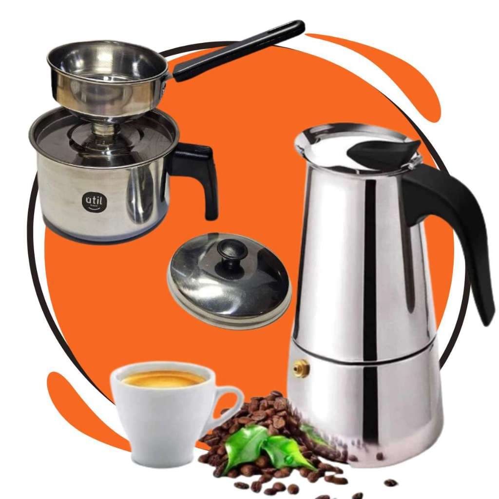 Kit com Cuscuzeira Inox Pequena + Cafeteira Italiana Expresso 6 xícaras fogão de indução, elétrico e a gás