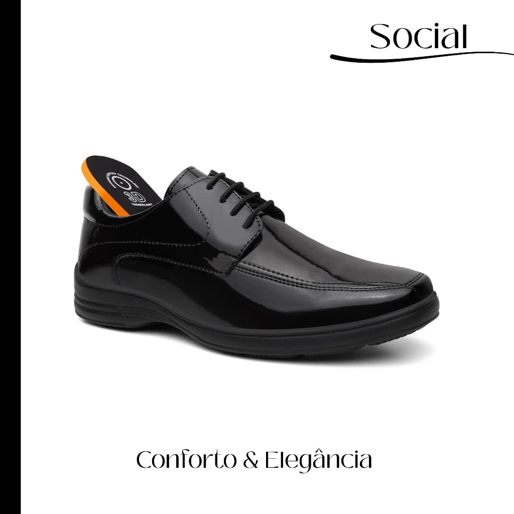 Sapato Social Masculino Verniz Preto Cadarço Leve Confortável Elegante e Resistente