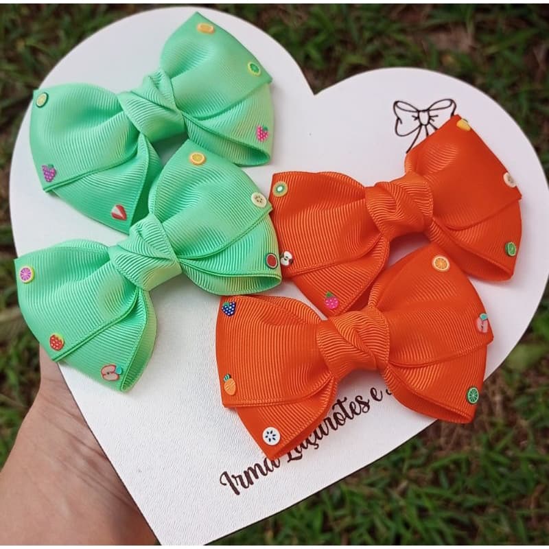 Parzinho de laços de cabelo infantil verde laranja frutinhas