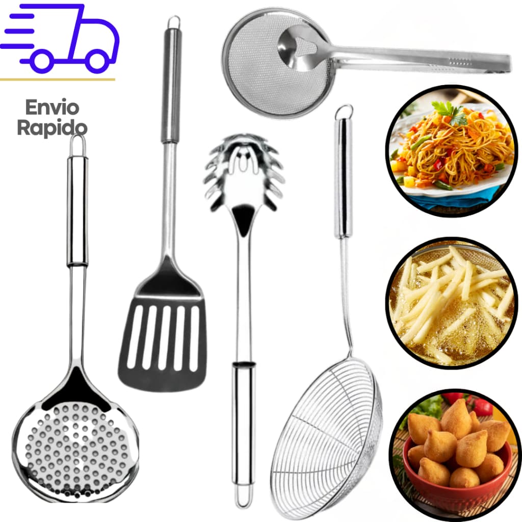 Kit 3 Escumadeira + Escumadeira Fritura + Escumadeira Fritura com Pinça Inox para Casas Restaurantes Bares Padaria