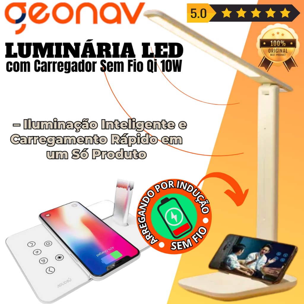 CARREGADOR RÁPIDO POR INDUÇÃO SEM FIO E LUMINÁRIA DE LED INTELIGÊNTE EM UM SÓ PRODUTO. 110W GEONAV