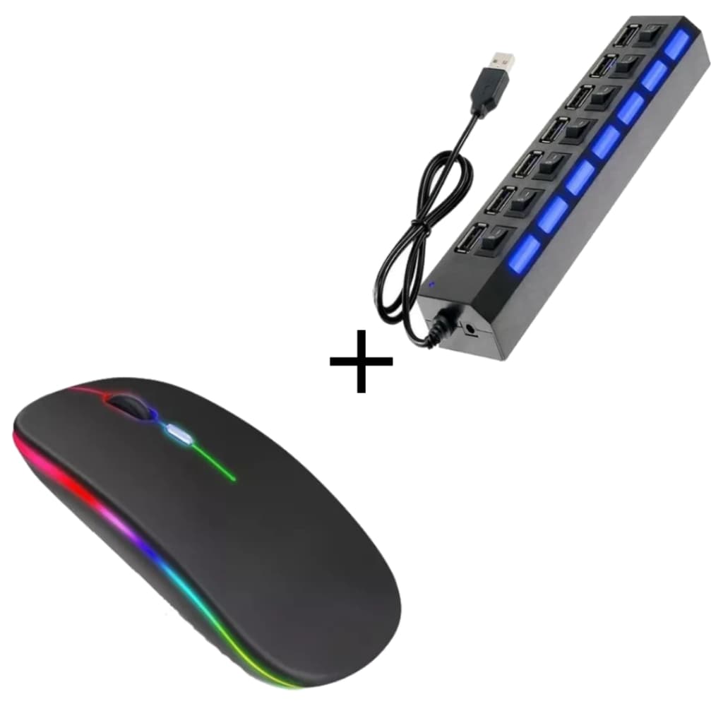 Kit Mouse Sem Fio Recarregável Led Rgb Ergonômico e Hub Usb 2.0 Com 7 Portas Switch E Led Indicador