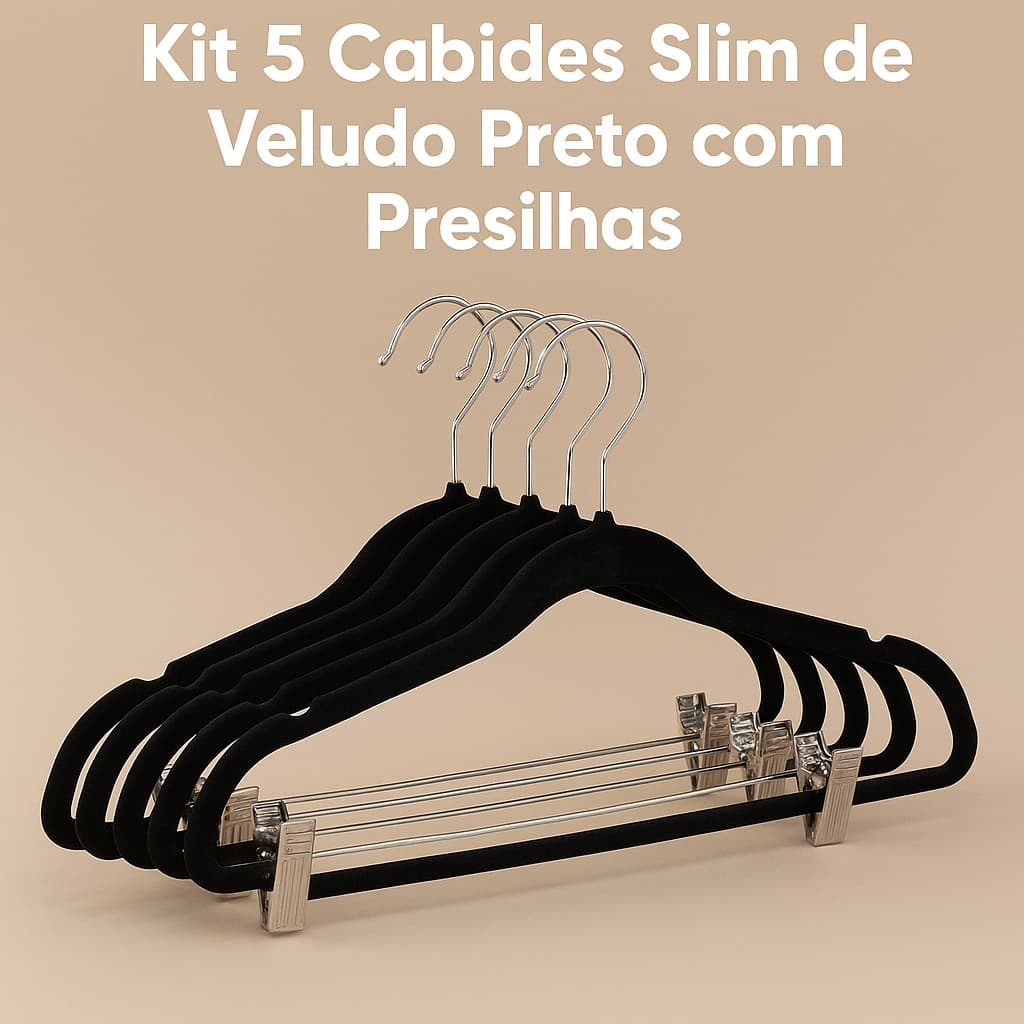 Kit 5 Cabides Slim Veludo Preto com Presilhas Metálicas