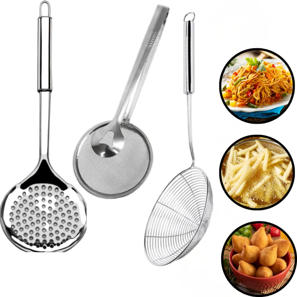 Kit 3 Escumadeiras Inox Para Fritura Inclui Escumadeira Tradicional + Escumadeira Ninho + Escumadeira com Pinça