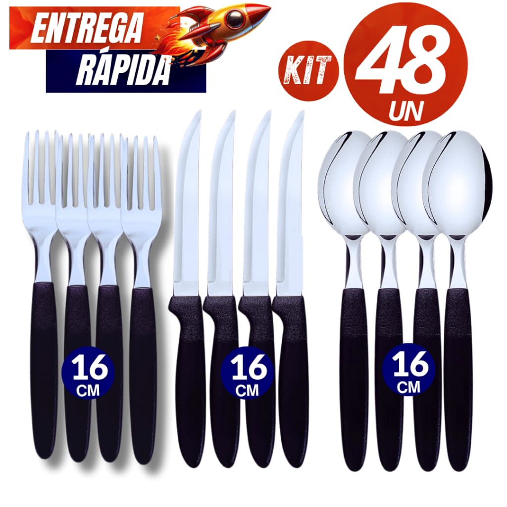 Utensílios 48/36/12  Peças  -  Garfo + Faca + Colheres Inox Com Cabo De Plástico Preto Premium Casa Cozinha Restaurantes