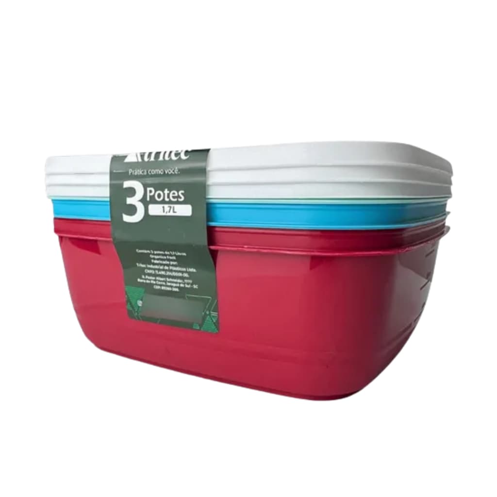 Kit 3 Potes Organizadores Tritec 1,7L BPA Free Tampa Vedação Freezer Micro-ondas