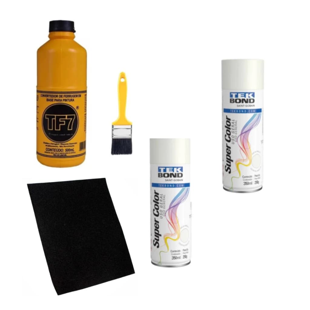Convertedor de ferrugem 500ml + Pincel + 02 Spray Branco Brilhante + 1 Lixa D'água