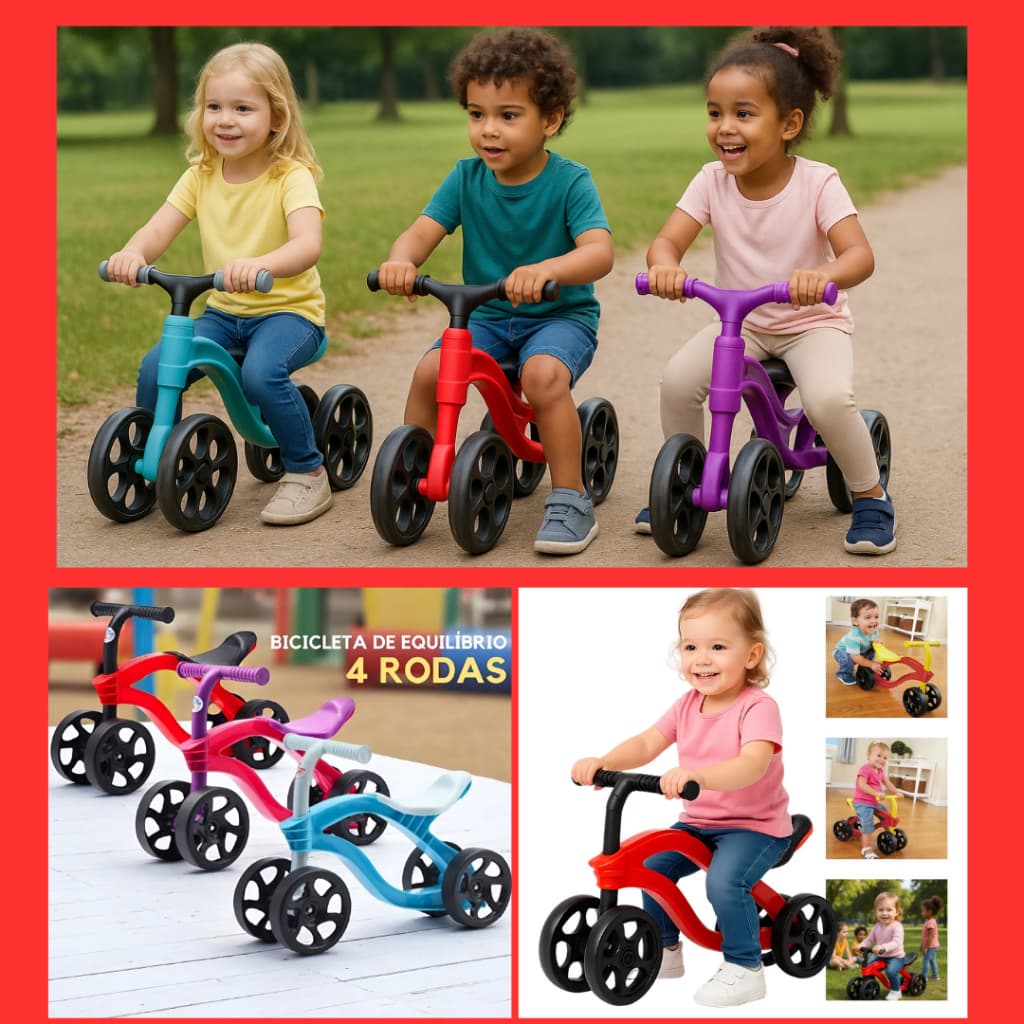 Bicicleta De Equilíbrio Infantil Futurista S/ Pedal 4 Rodas - Brinquedo para Criança Andador 3 Cores