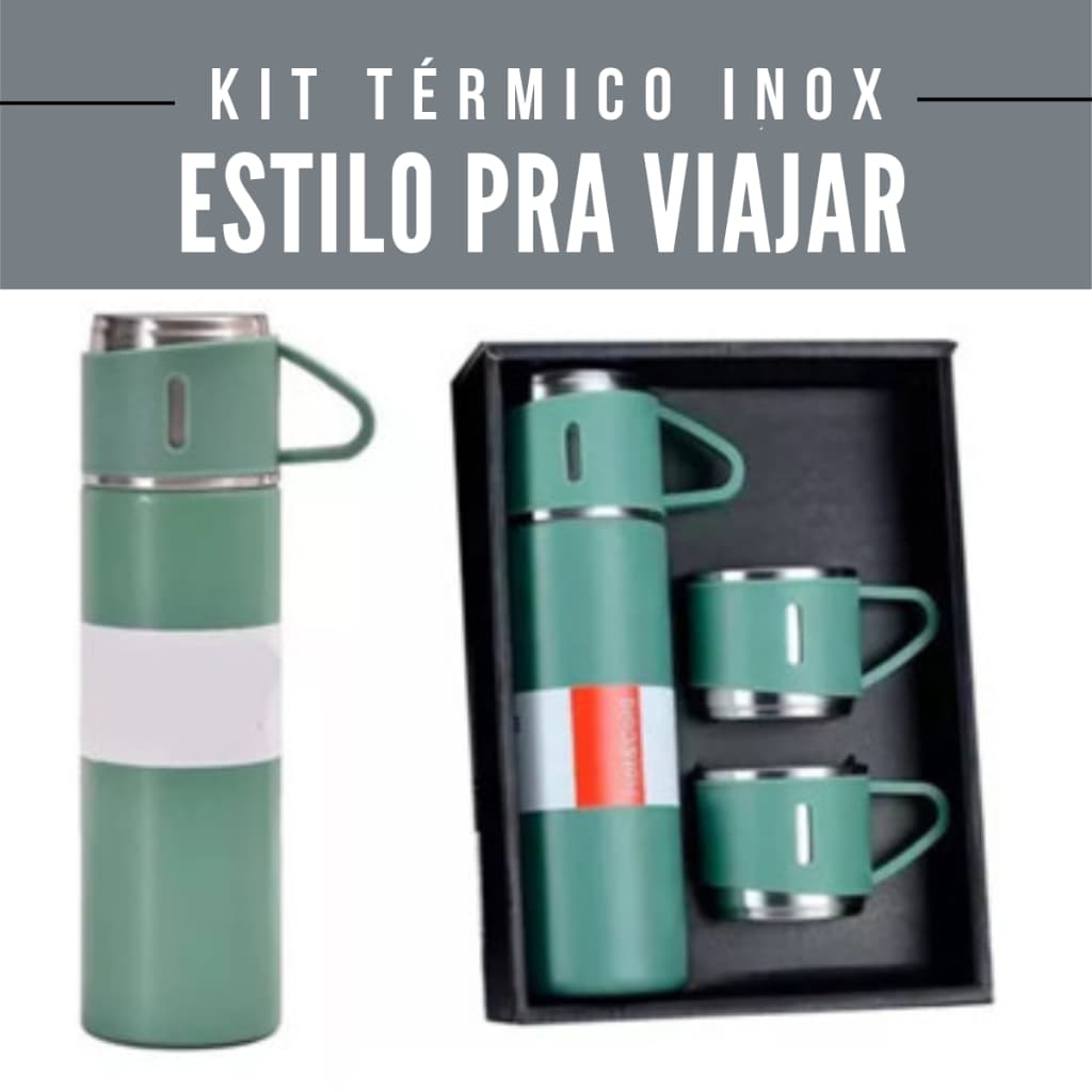 Jogo Verde Garrafa Térmica 500ml + 3 Xícaras Inox – Estilo, Temperatura e Presença