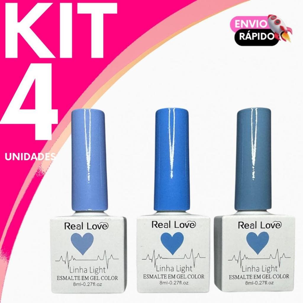 Kit Esmalte em Gel Real Love Linha Light Azul Profissional Brilho Intenso e Duradouro