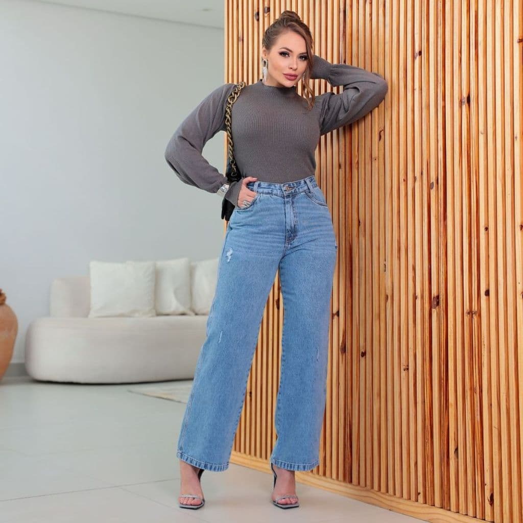 Calça Jeans Wide Leg Cargo Feminina Com Cintura Alta Tendencia 2026