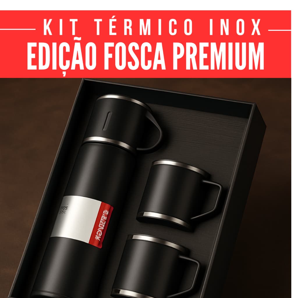 Kit 3 Xícaras + Garrafa Térmica Inox 500ml Fosca – Café Quente, Estilo Sempre
