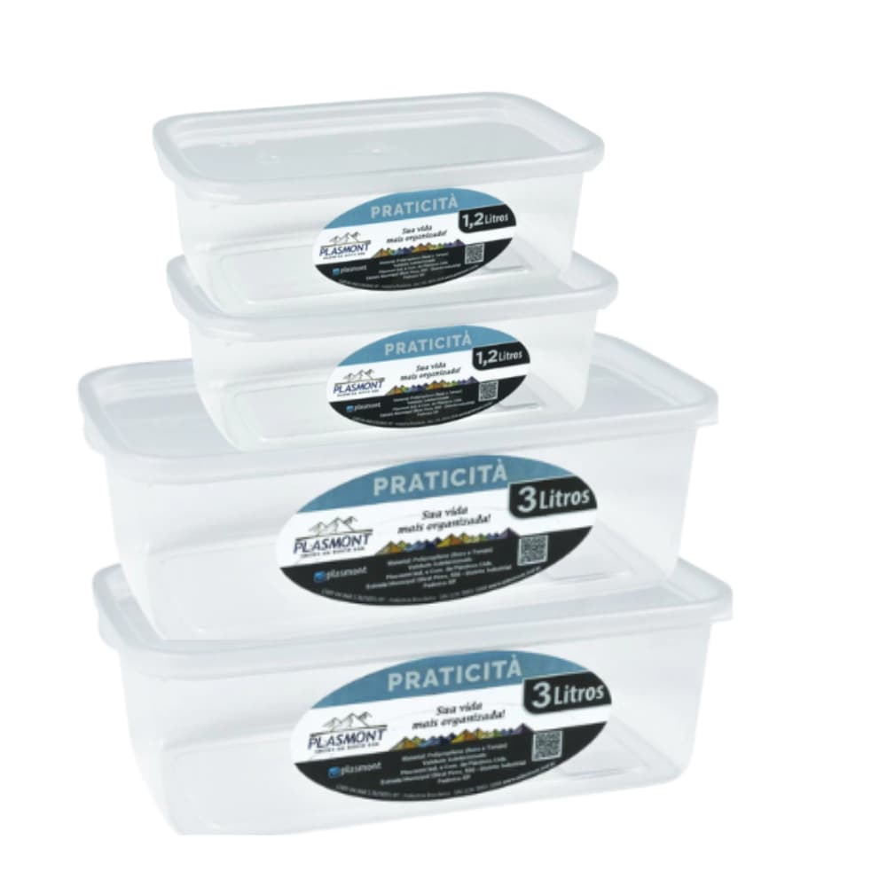 Kit 4 Potes PRESIDIO Transparente 1,2 L E 3,0 L Retangular