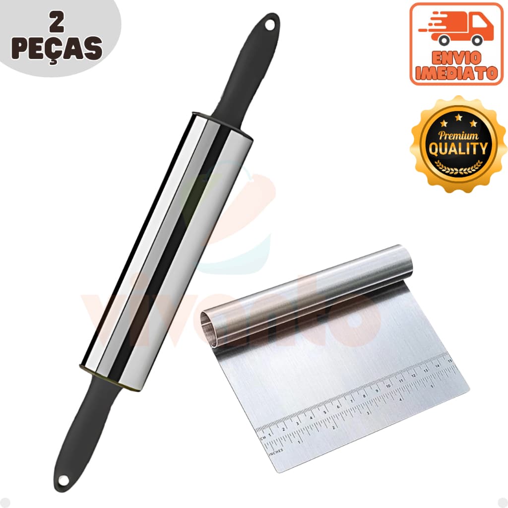 Kit Rolo Abrir Massas e Espátula Tubular Aço Inox com Medidor Premium Utensílios para Cozinha