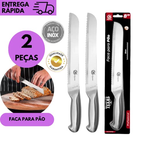 Kits 2 ou 1 Faca De Pão Inox Inteiriça Profissional 8 Polegadas Corte Preciso Cozinha Padaria Churra
