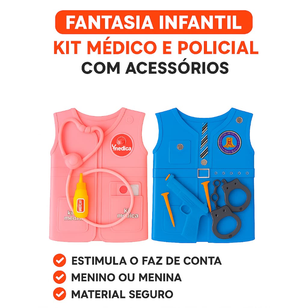 Fantasia Infantil Kit Colete Médico e Kit Policial com Acessórios Brinquedo Criança Menino Menina