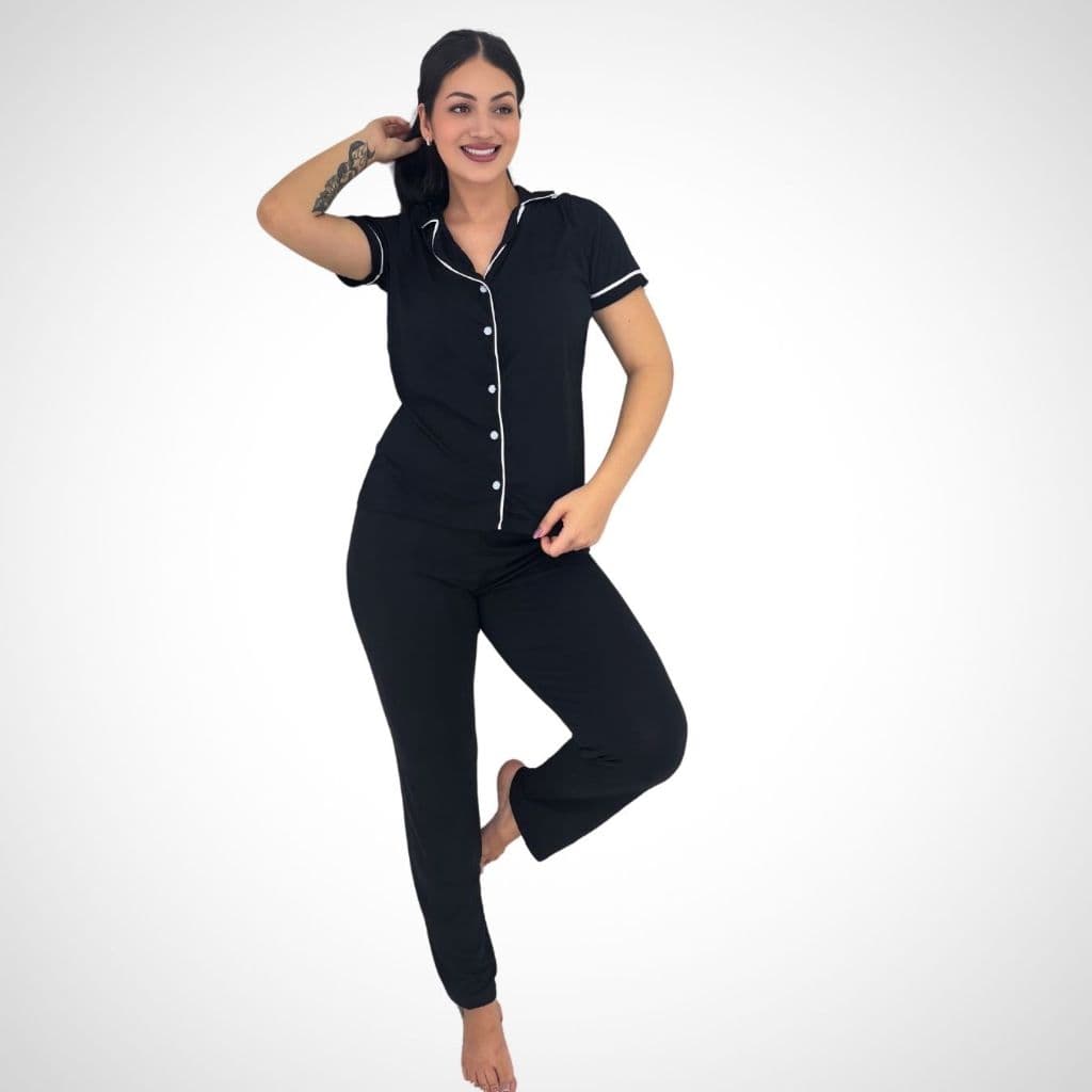 Pijama Feminino Americano Camisa com Gola E Calça Blogueira