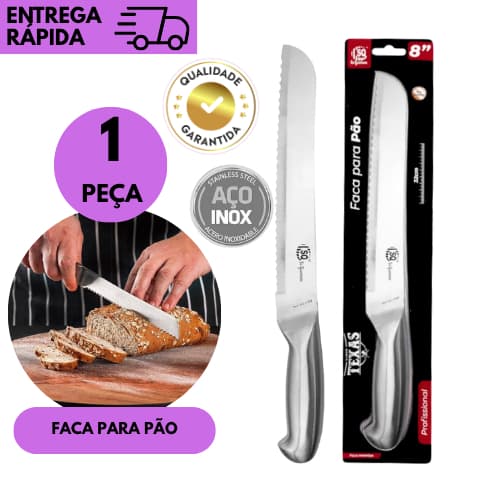 Faca De Pão Inox Inteiriça Profissional 8 Polegadas Corte Preciso Cozinha Padaria Churrasco