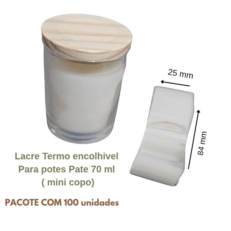 Lacre Termoencolhível para Pote de Vidro Mini copo 70 ml com Tampa de Madeira – Pacote com 100 unidades
