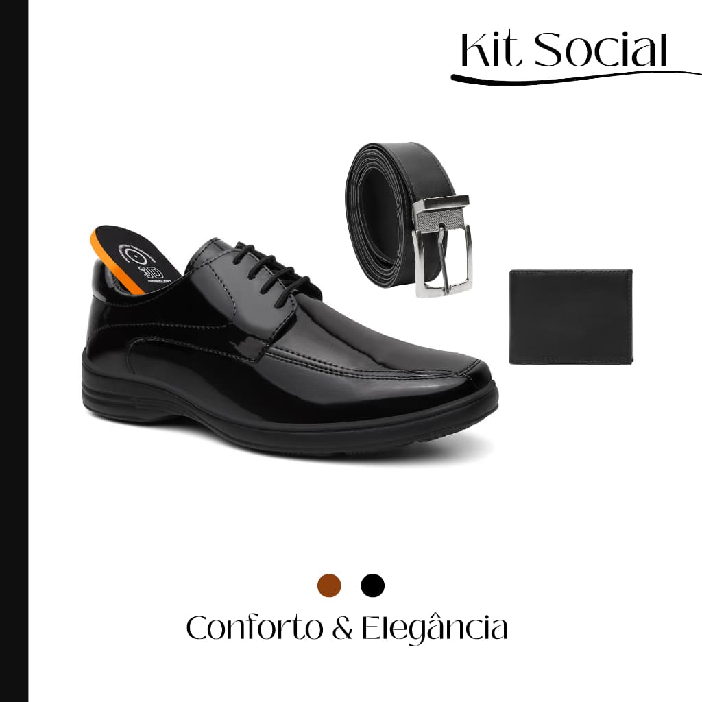 Kit Dia dos Pais Sapato Social Masculino + Cinto + Carteira Leve Confortável Elegante