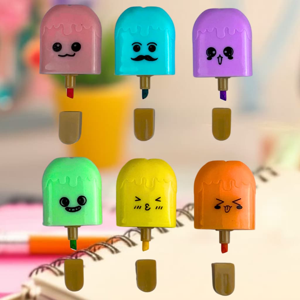 Marca Texto Picolé com Expressões Fofas – Colorido Pastel