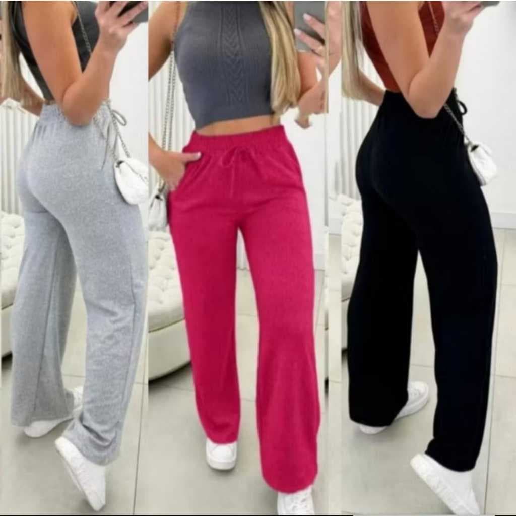 Calça Pantalona Feminina de Lãzinha Elástico Cintura Alta Bolso Inverno Frio Casual Confortável Moda
