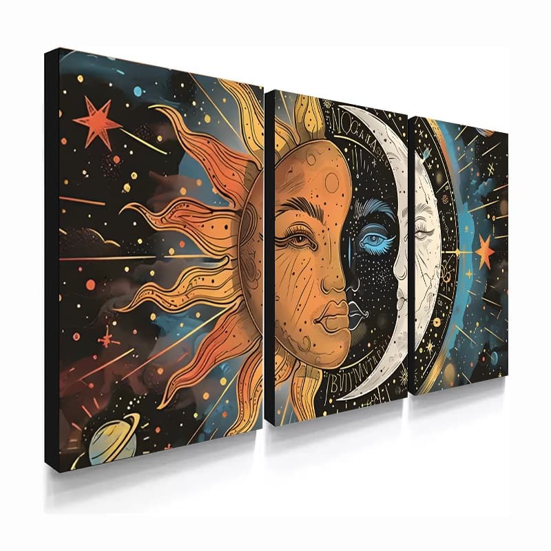 Kit 3 Quadros Decorativos Sol e Lua Juntos Decoração de Parede para Sala Quarto Hall Escritório Estilo Moderno
