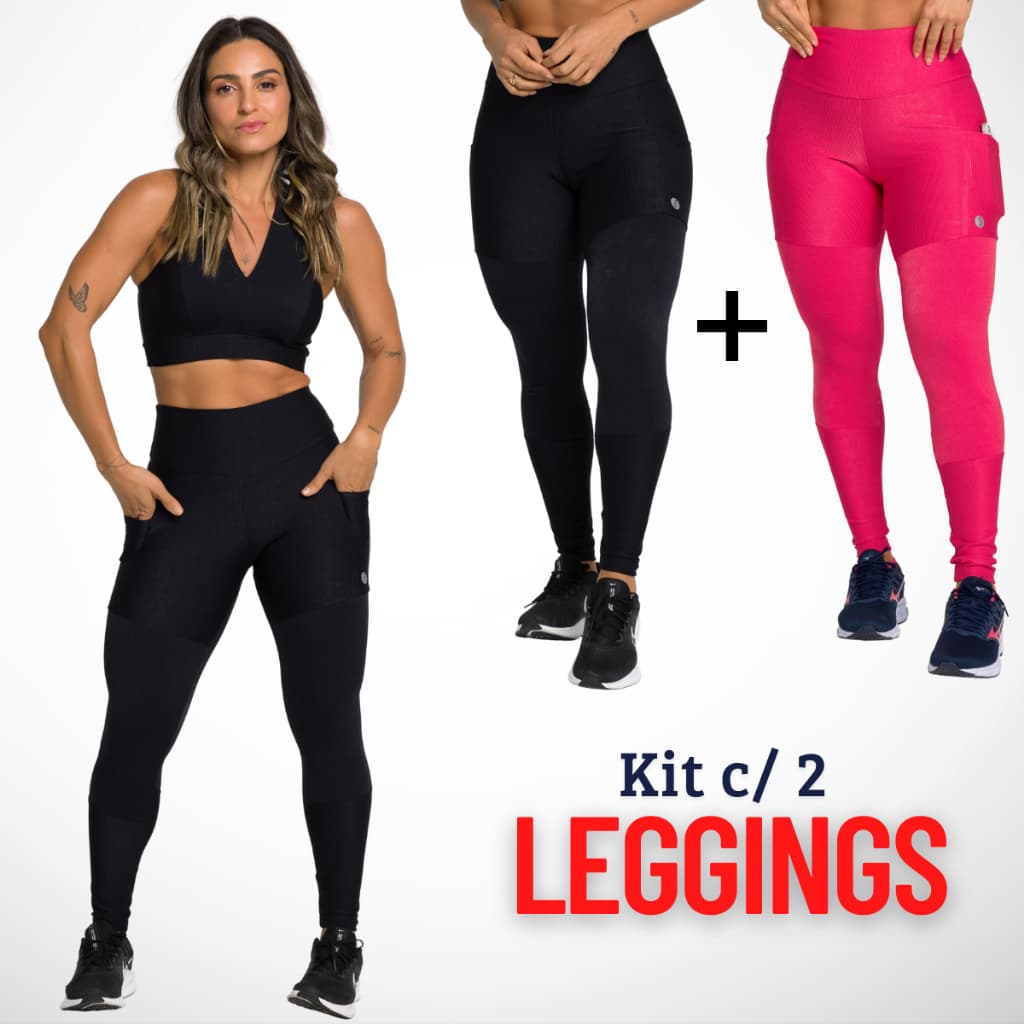 Kit 2 ou 3 Calças Penelope Legging Com Bolsos Laterais e Cintura Alta Moda Fitness Feminina