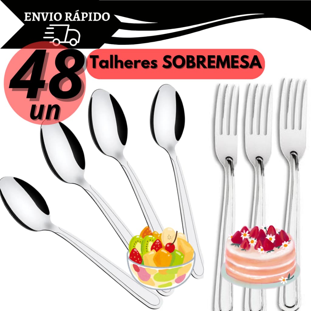 Kit 24 ou  48 Talheres Garfo Colher Sobremesa Elegante Aço Inox Casa Restaurante Churrascaria Buffet