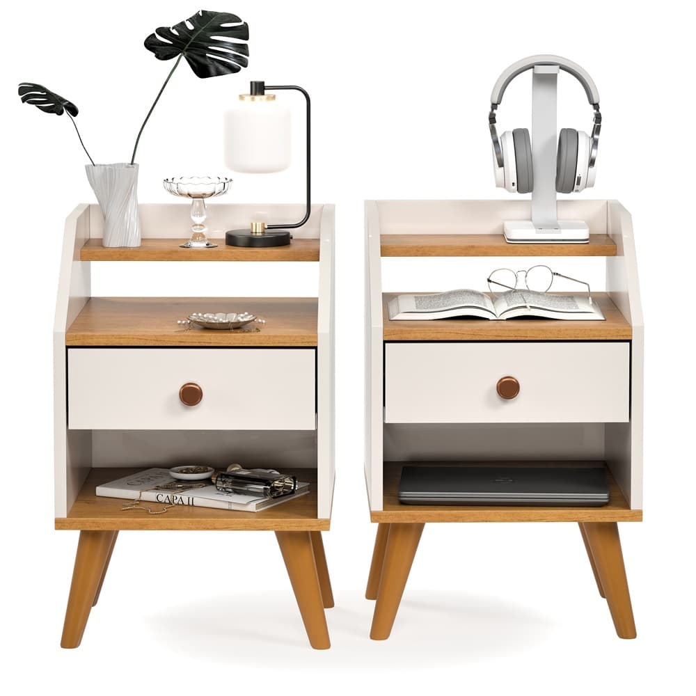 Kit Mesa De Cabeceira Para Quarto Pés Retro 1 Gaveta com Nicho - Várias Cores